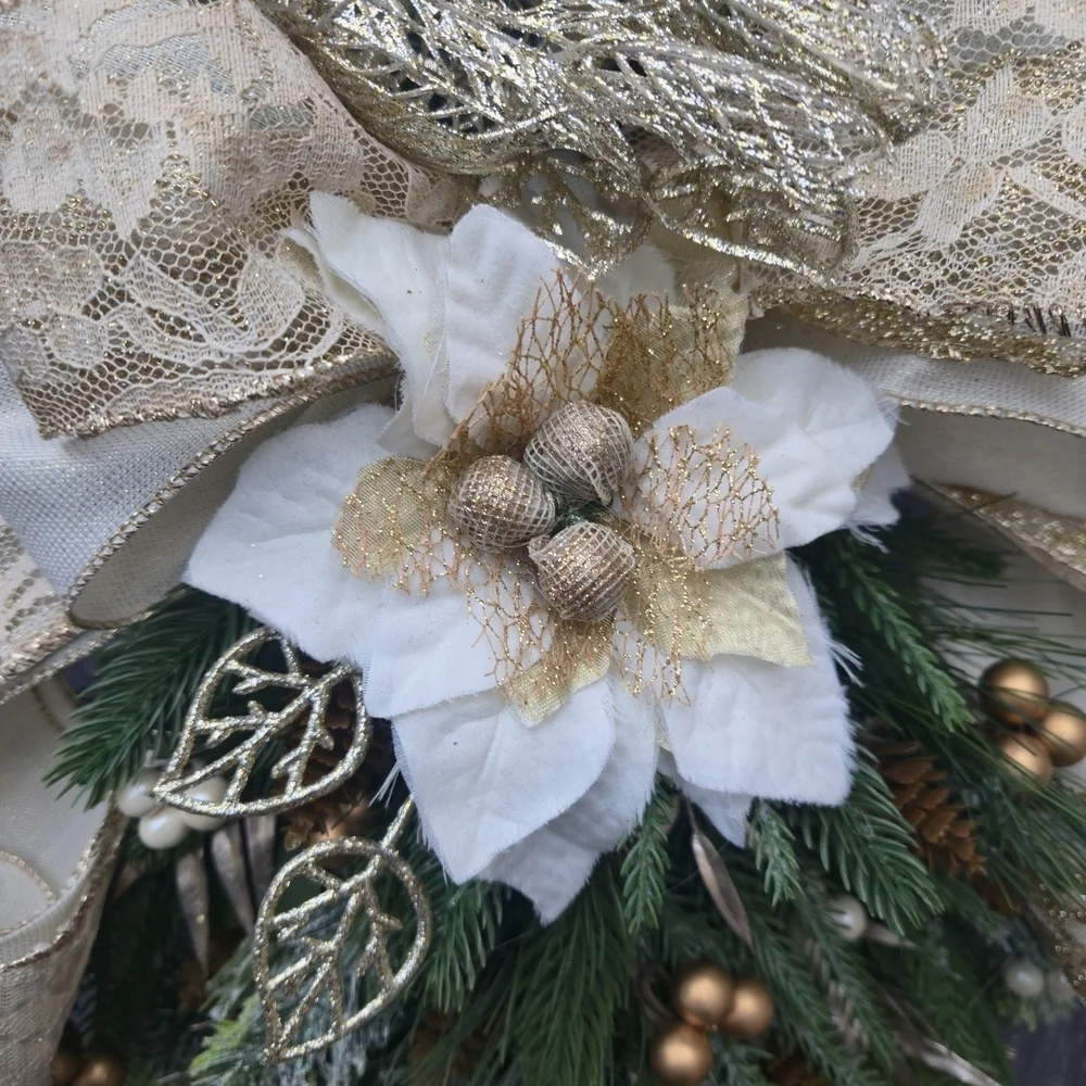 Handmade Elegant Champagne,Gold, Beige and Green Holiday Swag Wreath Door Hanger